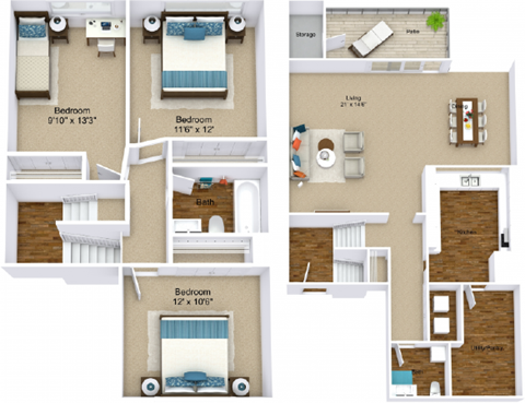Floor plan for 3 beds, 1.5 baths, 1175 sqft